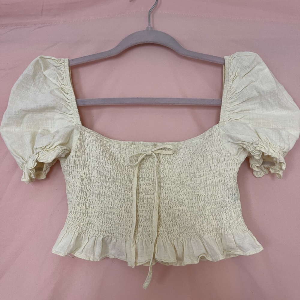 Pale Yellow Puff Sleeve Smocked Top
